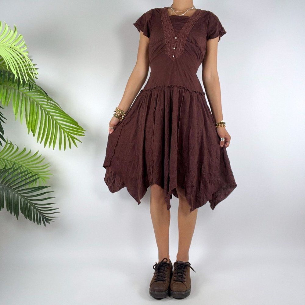 Vintage Y2K Brown Fairy Grunge Bohemian Short Sleeve Hippie Midi Dress / S